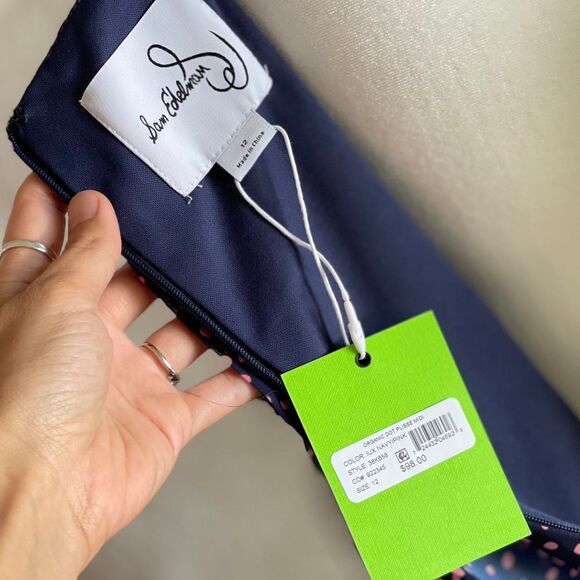 NWT Sam Edelman Chiffon Navy Blue & Pink Polka Dot Pleated Maxi Dress Size 12 - Picture 7 of 8